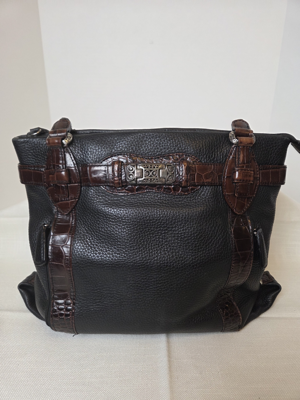 Brighton Black Pebbled Leather Shoulder Bag with Brown Croc-Accent